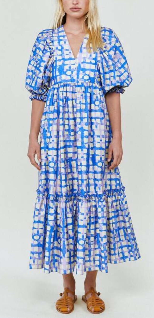 Hunter Bell Tuckernuck Palmer Maxi Dress Puff Sleeve Cobblestone Blue XS